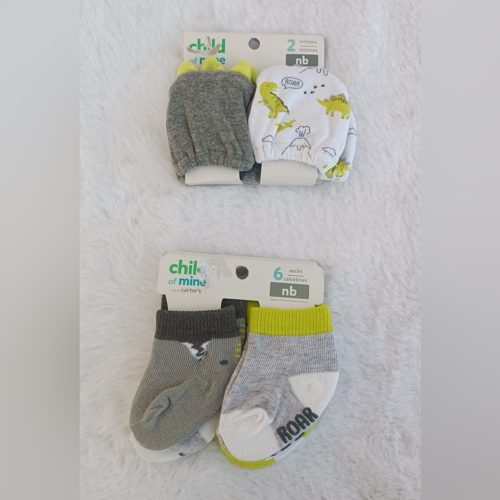 Carter's Dinosaur Baby Mittens and Socks - Gray, White, Green